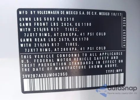 2018 Volkswagen Tiguan 2.0T Se/2.0T Sel из США, поврежденный, VIN 3VV2B7AX8JM062950